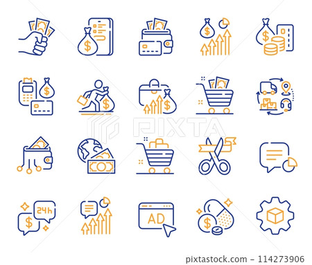 Money invest line icons. Finance fraud, Wallet payment and Cash bribe set. Money inflation, supply chain and credit card line icons. Grand open ceremony, price growth and dollar invest. Vector Money invest line icons. Finance fraud, Wallet payment and Cash bribe set. Money inflation, supply chain and credit card line icons. Grand open ceremony, price growth and dollar invest. Vector 114273906