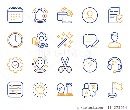 Business line icons. Language translate, Chess strategy and Notice alert set. Profile headshot, location place and annual calendar line icons. Avatar placeholder, business chess strategy. Vector Business line icons. Language translate, Chess strategy and Notice alert set. Profile headshot, location place and annual calendar line icons. Avatar placeholder, business chess strategy. Vector 114273934