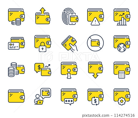 Wallet line icons. Money transfer, Credit card payment, Withdraw funds icons. Cash purse, Fingerprint access and online Wallet. Money commerce, Deposit transfer and Calculate cash budget. Vector 114274516