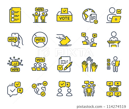 Voting line icons. Public Election, Vote Box, Ballot Paper icons. Candidate, Politics voting and People vote. Government election, Raised hands, Document checklist. Online poll result. Vector Voting line icons. Public Election, Vote Box, Ballot Paper icons. Candidate, Politics voting and People vote. Government election, Raised hands, Document checklist. Online poll result. Vector 114274519
