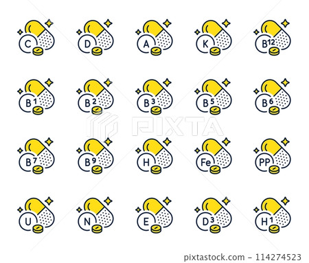 Vitamins line icons. Food supplements capsules, Healthy nutrition and Multivitamin complex set. Natural B12 vitamins. Biotin, ascorbic acid and niacin line icons. Vitamin C, A and D pills. Vector 114274523