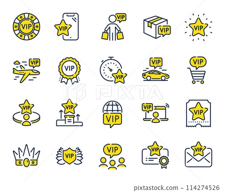Vip line icons. Casino chips, very important person, delivery parcel. Certificate, player table, vip buyer icons. Crown, casino ticket, business class flight. Membership privilege. Vector 114274526