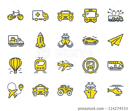 Transport line icons. Taxi, Helicopter and subway train icons. Truck car, Tram and Air balloon transport. Bike, Airport airplane and Ship, subway. Travel bus, ambulance car, paper airplane. Vector Transport line icons. Taxi, Helicopter and subway train icons. Truck car, Tram and Air balloon transport. Bike, Airport airplane and Ship, subway. Travel bus, ambulance car, paper airplane. Vector 114274533