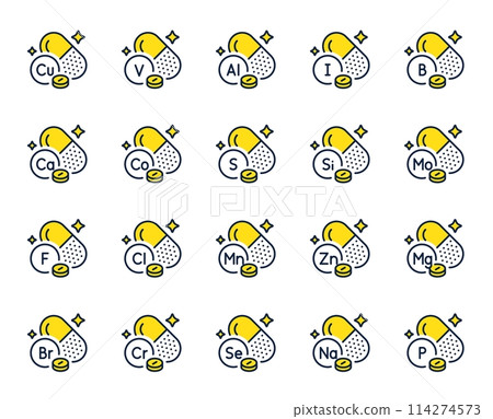 Minerals line icons. Food supplements capsules, Multivitamin pills and Healthy nutrition set. Chemistry minerals, aluminium capsules and calcium vitamins line icons. Magnesium and zinc pills. Vector 114274573