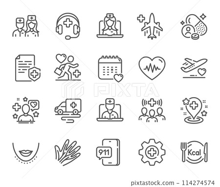 Pharmacy medicine line icons. Telemedicine doctor, Heartbeat pulse and Medical pill set. Kcal menu, Nurse care and Plastic surgery line icons. Hand veins, medicine pharmacy pill and drug. Vector 114274574