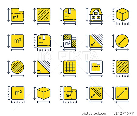 Dimension line icons. Square meter, Area size and Floor plan set. Box size dimension, room space and perimeter line icons. Post office package sizes, square area and triangle corner. Vector Dimension line icons. Square meter, Area size and Floor plan set. Box size dimension, room space and perimeter line icons. Post office package sizes, square area and triangle corner. Vector 114274577