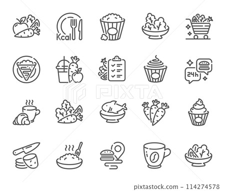 Healthy food line icons. Salad with arugula, Cook meal and Diet menu set. Crepe, popcorn food and porridge line icons. Healthy carrots vegetable, fast food delivery and Kcal menu. Vector 114274578