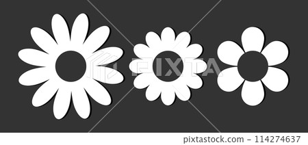 Chamomile flowers set in monochrome colors. Chamomile flower icons set on black background. Chamomile or daisy with white petals. Plant flower head sign symbol. Vector illustration Chamomile flowers set in monochrome colors. Chamomile flower icons set on black background. Chamomile or daisy with white petals. Plant flower head sign symbol. Vector illustration 114274637