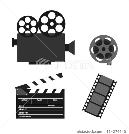 Cinema icons. Video camera, film reel, clapperboard and film strip isolated on white background. Vector illustration in flat style 114274640