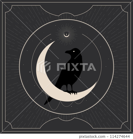Black crow sitting on a crescent. Mystery, astrology, esoteric background. Vector illustration 114274644