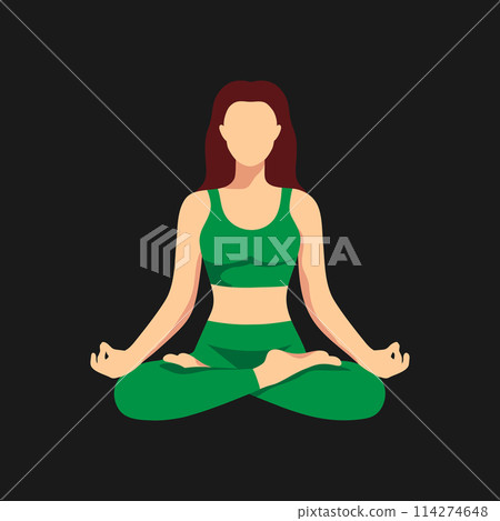 Abstract faceless woman sitting in lotus pose. Meditating girl on dark background. International yoga day. Girl doing yoga. Vector illustration Abstract faceless woman sitting in lotus pose. Meditating girl on dark background. International yoga day. Girl doing yoga. Vector illustration 114274648