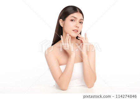 Beautiful young asian woman with clean fresh skin on white background, Face care, Facial treatment, Cosmetology, beauty and spa, Asian women portrait. Beautiful young asian woman with clean fresh skin on white background, Face care, Facial treatment, Cosmetology, beauty and spa, Asian women portrait. 114274846