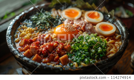 japanese ramen with chicken, green vegetables and eggs 114274914