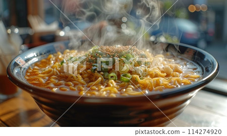 bowl of steaming ramen stands on a table in a Japanese cafe 114274920