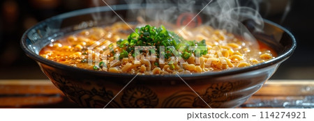 bowl of steaming ramen stands on a table in a Japanese cafe 114274921