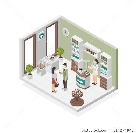 Pharmacy isometric concept. Client buy medication and consulting with pharmacist. Healthcare marketing, pills and medical tools, flawless vector scene 114274943