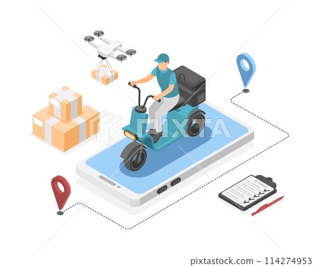 Isometric delivery service. Courier on scooter with parcels. Drone transports boxes, post worker and smartphone. Logistic flawless vector concept Isometric delivery service. Courier on scooter with parcels. Drone transports boxes, post worker and smartphone. Logistic flawless vector concept 114274953