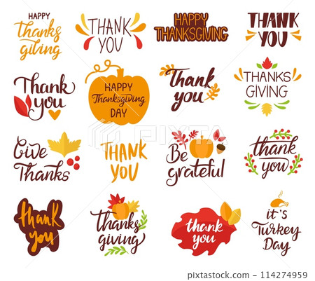 Thanksgiving day lettering. Thanks giving, thank you handwritten phrases. Gratitude phrase, pumpkins and leaves silhouettes, neoteric vector set 114274959