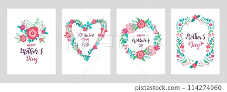 Mothers day cards design. Love mom, best mother creative handwritten phrases and doodle flowers frames and wreath, neoteric vector posters 114274960