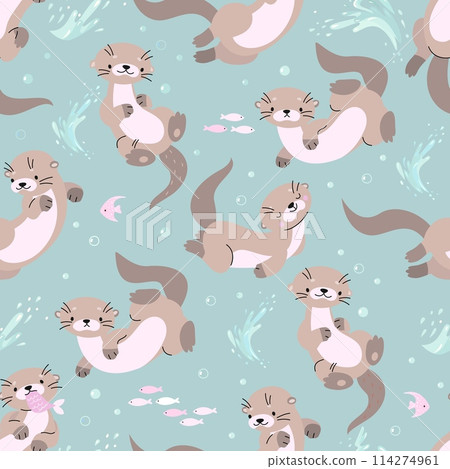 Otters seamless pattern. Cartoon otter characters and underwater elements. Sea or river wild animals. Fabric, wrapping nowaday vector design 114274961
