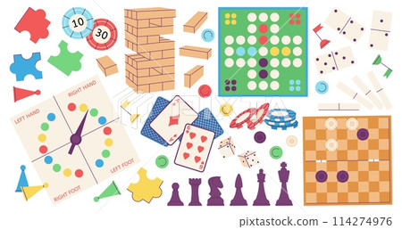 Family board games. Leisure, meetings friendly or weekend game collection. Card deck, cubes and domino, mahjong, decent vector cartoon elements Family board games. Leisure, meetings friendly or weekend game collection. Card deck, cubes and domino, mahjong, decent vector cartoon elements 114274976