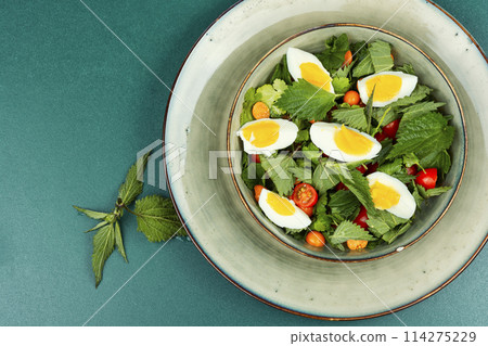 Dietary salad with nettles and egg. 114275229
