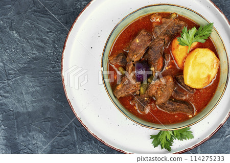 Venison goulash, wild game meat. 114275233