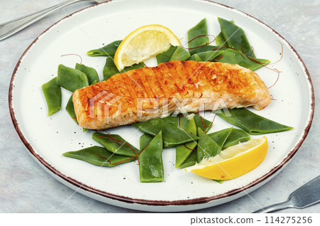 Grilled salmon with vegetable garnish. Grilled salmon with vegetable garnish. 114275256