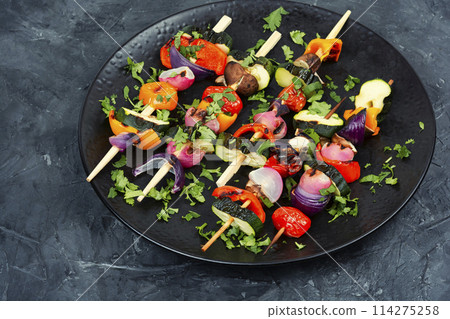 Grilled skewers vegetables, kebabs. 114275258