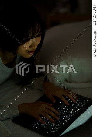 Young woman spending her time in bed 114275347