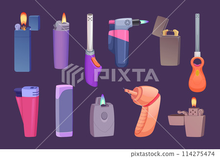 Lighters. Device for smokers making flame portable items exact vector lighters set illustrations in cartoon style Lighters. Device for smokers making flame portable items exact vector lighters set illustrations in cartoon style 114275474