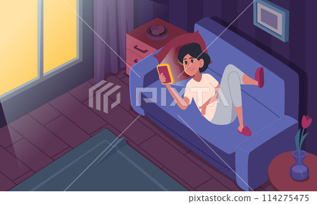 Phone in night time. People using smartphones or tablets before going to bed exact vector addiction of people 114275475