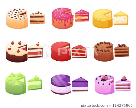 Birthday cakes. Different cake and pieces. Sweet festive dessert, tasting samples for married. Isolated tasty food, delicious nowaday vector set 114275905
