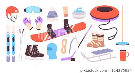 Winter sport equipment. Seasonal outdoor activities tools and clothes. Isolated ski, snowboard and hockey skates. Helmet and gloves, racy vector set 114275924