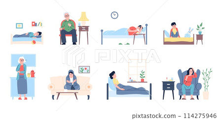 Sick and recovery people. Person ill at home, sleeping on sofa and sitting in armchair. Adult has influenza, infection or cold, recent vector set 114275946