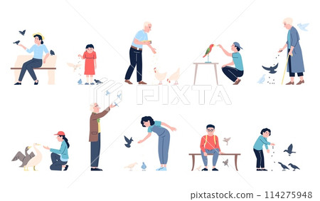 People feeding birds. Feed wild and domestic bird. Children, adults and old person with food for pigeons, gooses, chicken and parrot. Flat recent vector set 114275948