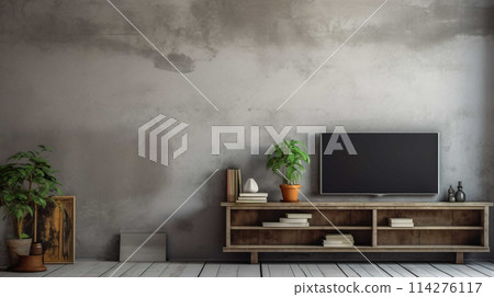A nostalgic retro living room with a TV on a cabinet and book shelves in front of a textured ruined gray plaster wall  , Generate AI A nostalgic retro living room with a TV on a cabinet and book shelves in front of a textured ruined gray plaster wall  , Generate AI 114276117