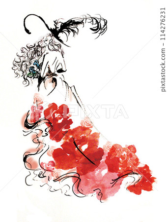 Back view of a woman wearing a feathered hat and dress with a red rose motif 114276231