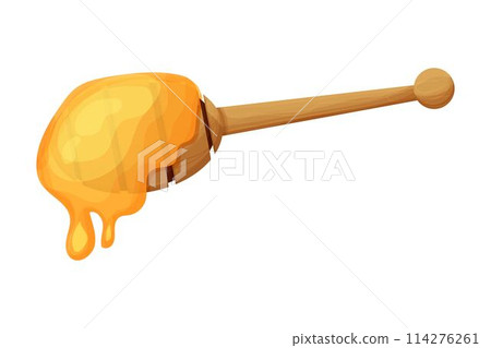 Wooden Honey dipper, spoon in cartoon style isolated on white background. Organic, natural food, ingredient. Beekeeping product. 114276261