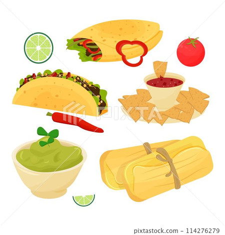 Set of mexican dishes, food taco, burrito, guacamole, tamale, nachos decorated with lime, tomato, chilli  114276279