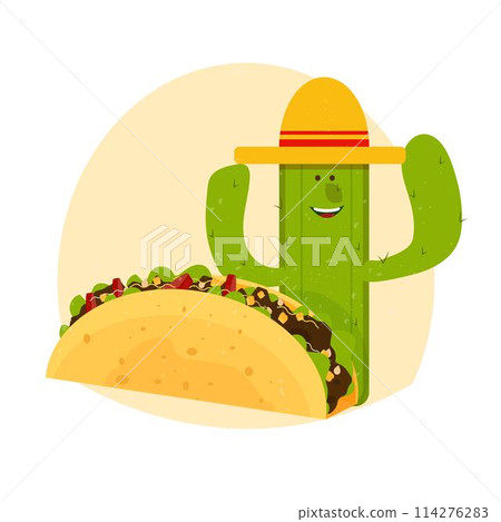 Taco and smiling character cactus in sombrero 114276283