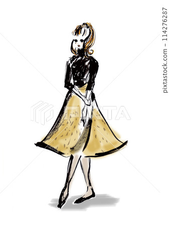 穿著黑色高領毛衣和米色喇叭裙的年輕女子 114276287