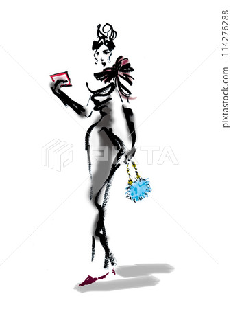 穿黑裙子的女人看著卡片 114276288