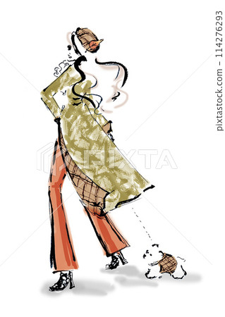 A young woman in a long coat and beret with a dog A young woman in a long coat and beret with a dog 114276293