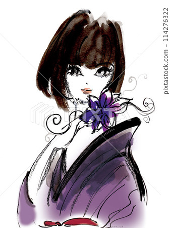 身穿紫色條紋和服、短鮑伯黑髮的亞洲女性 114276322