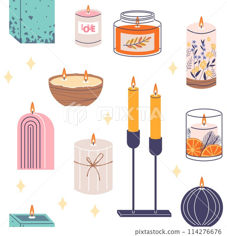 Seamless pattern with decorative burning aromatic candles various shapes and colors flat vector, relaxation aromatherapy Seamless pattern with decorative burning aromatic candles various shapes and colors flat vector, relaxation aromatherapy 114276676
