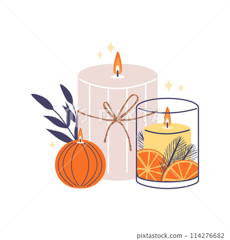Aroma candles perfume fragrance, orange slice and spruce sprig, burning decorative candle vector relaxation aromatherapy 114276682