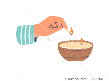 Hand lighting wooden bowl candle vector illustration 114276699