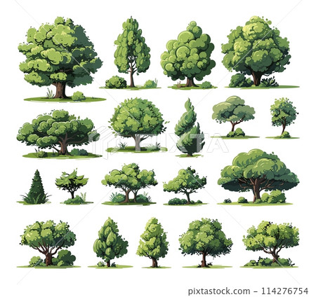 Cartoon Trees and Bushes. Forest Floral Elements on white, Various green spaces icons Vector Flat Style Collection 114276754