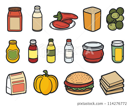 Cartoon meal, Tinned Food, Fast-Food, and Drink Set. Vector Foods Icons in Simple Flat Style on White Background 114276772